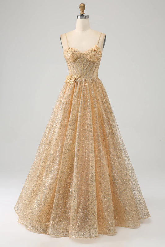 Sparkling  Elegant, Beautiful Gold Corset Flower Long Ball Dress