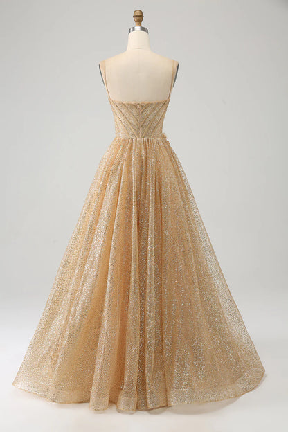 Sparkling  Elegant, Beautiful Gold Corset Flower Long Ball Dress