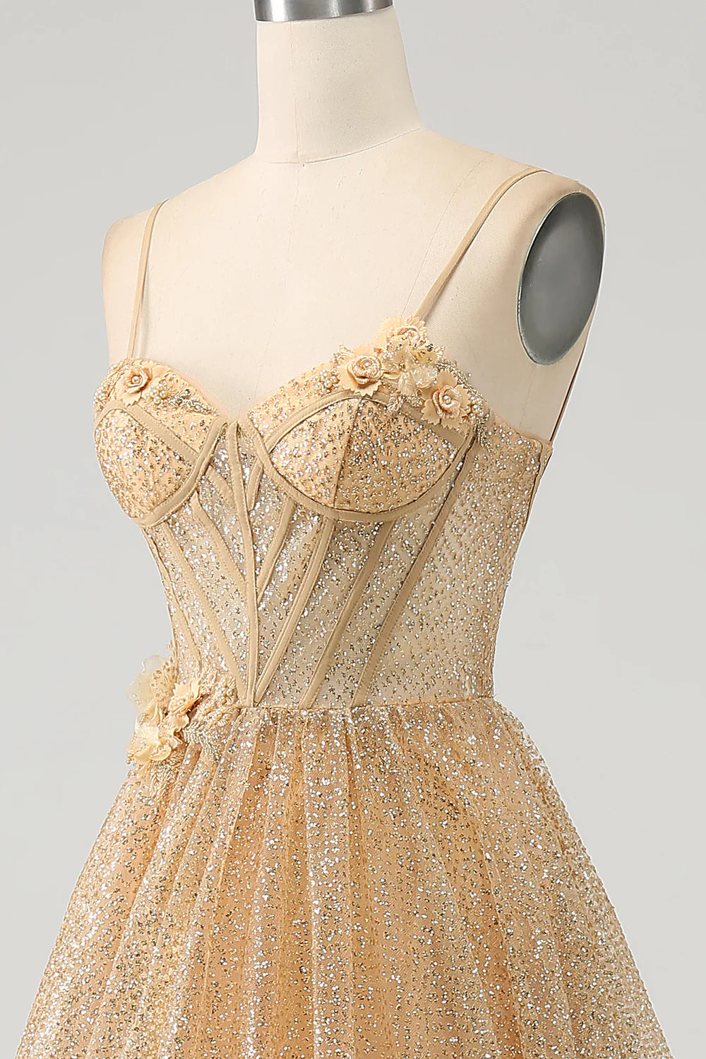 Sparkling  Elegant, Beautiful Gold Corset Flower Long Ball Dress