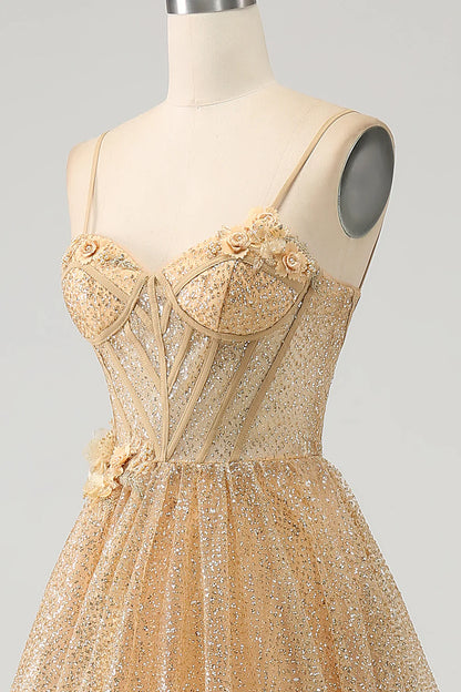 Sparkling  Elegant, Beautiful Gold Corset Flower Long Ball Dress