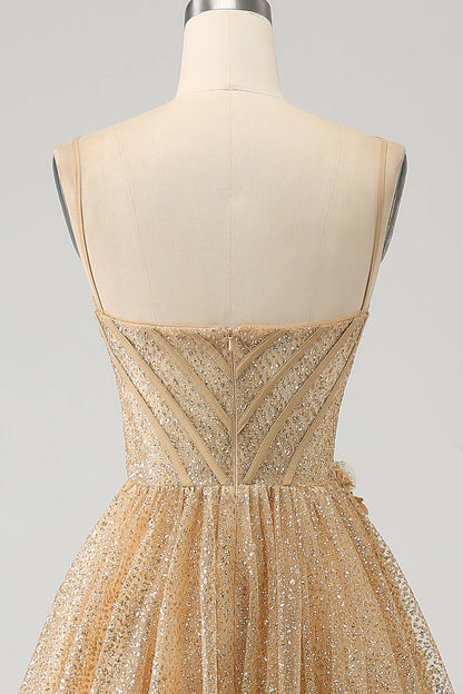 Sparkling  Elegant, Beautiful Gold Corset Flower Long Ball Dress