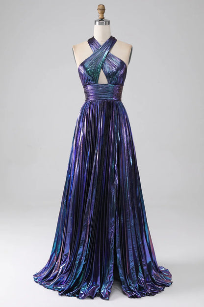 Bright round neck A-line bright long ball dress