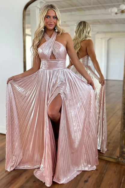 Bright round neck A-line bright long ball dress