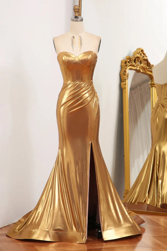 Sparkling Slim Fit Gold Mermaid Sweetheart Zipper Back Long Ball Dress Split