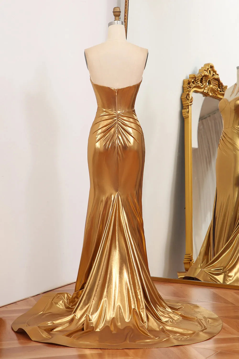 Sparkling Slim Fit Gold Mermaid Sweetheart Zipper Back Long Ball Dress Split