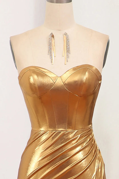 Sparkling Slim Fit Gold Mermaid Sweetheart Zipper Back Long Ball Dress Split