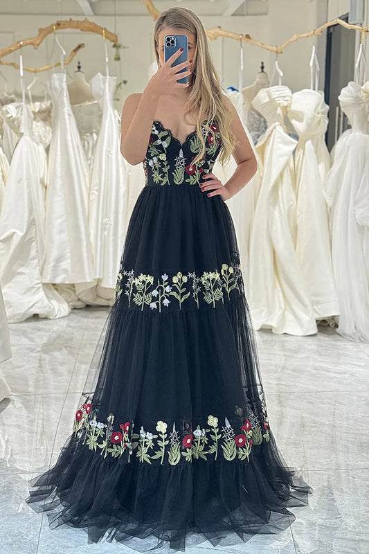 Embroidered high-end black A-line lace up long sheer ball dress