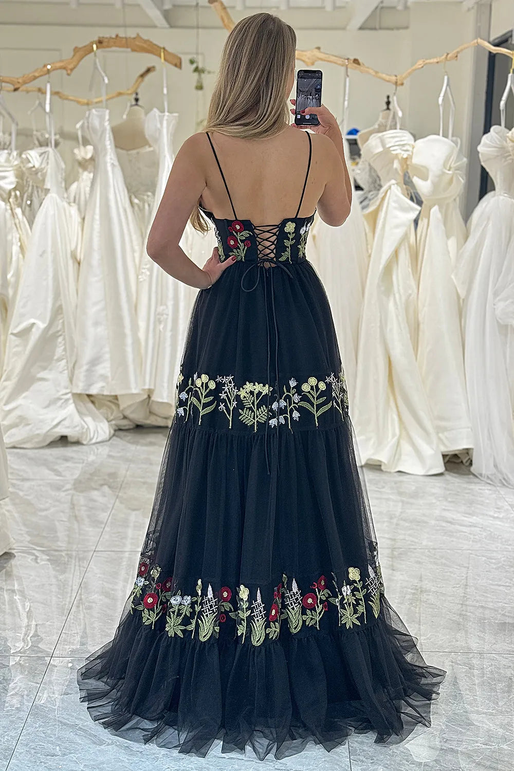 Embroidered high-end black A-line lace up long sheer ball dress