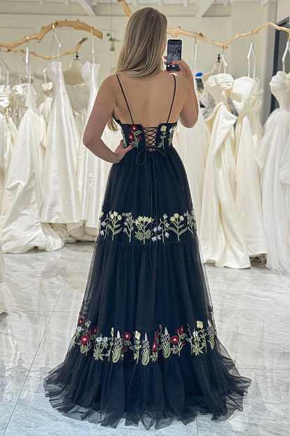 Embroidered high-end black A-line lace up long sheer ball dress
