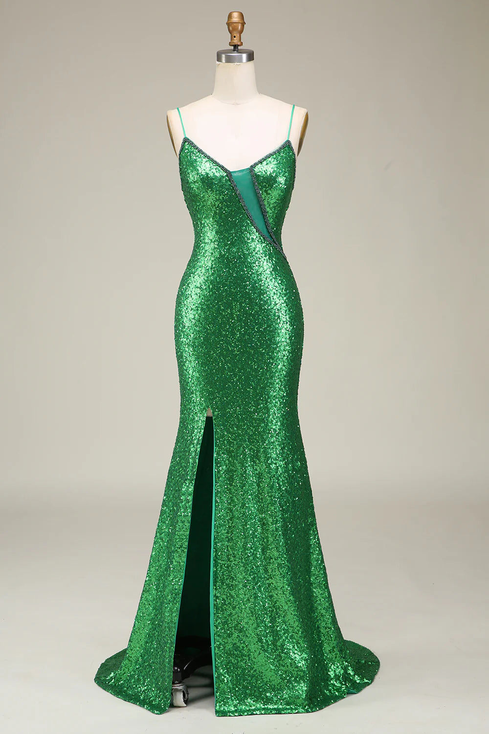 Sparkling mermaid spaghetti strap with green sequin long dance dress