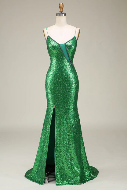 Sparkling mermaid spaghetti strap with green sequin long dance dress