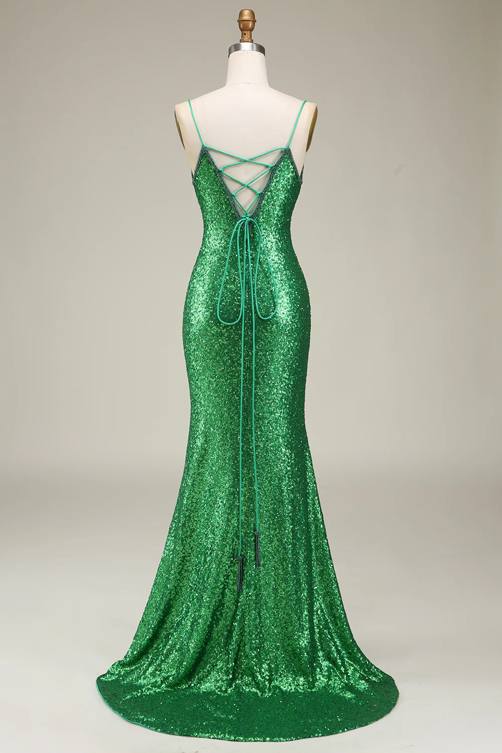 Sparkling mermaid spaghetti strap with green sequin long dance dress