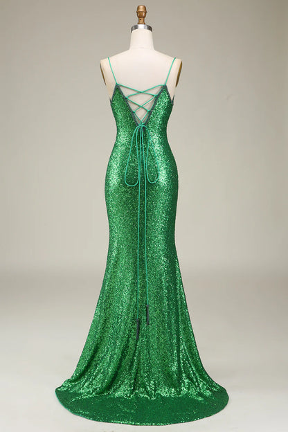 Sparkling mermaid spaghetti strap with green sequin long dance dress