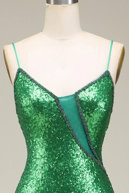 Sparkling mermaid spaghetti strap with green sequin long dance dress
