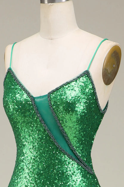Sparkling mermaid spaghetti strap with green sequin long dance dress