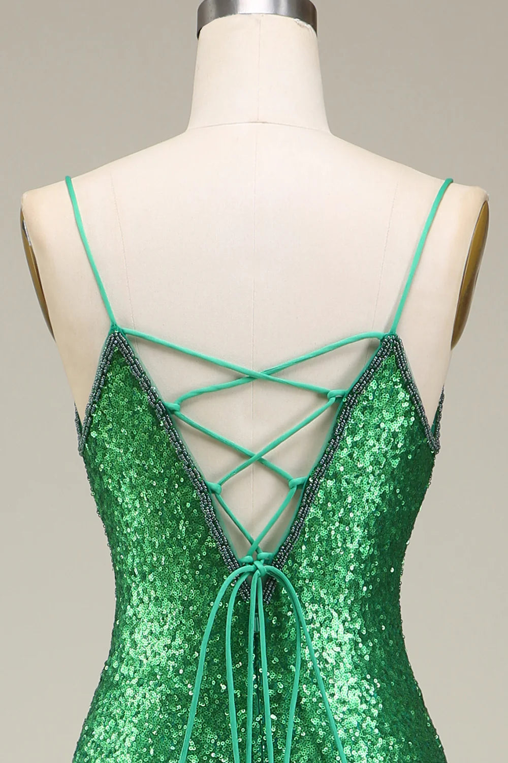 Sparkling mermaid spaghetti strap with green sequin long dance dress