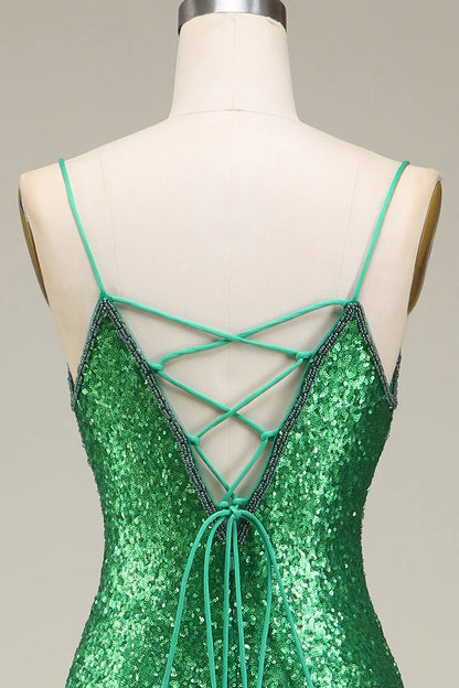 Sparkling mermaid spaghetti strap with green sequin long dance dress
