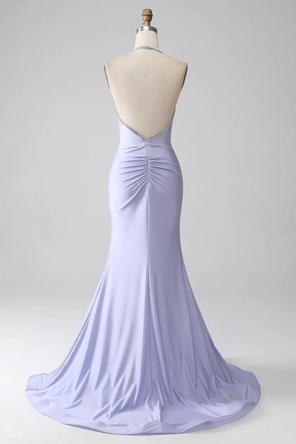Purple red sweet mermaid backless long ball dress