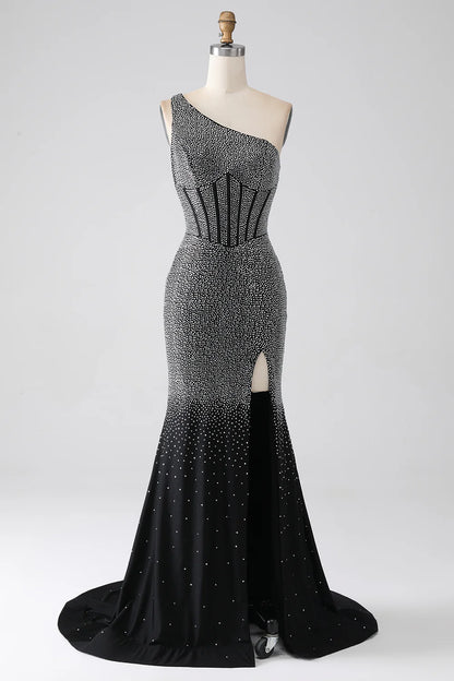 Sparkling and Sexy Black Mermaid One Shoulder Corset Ball Dress