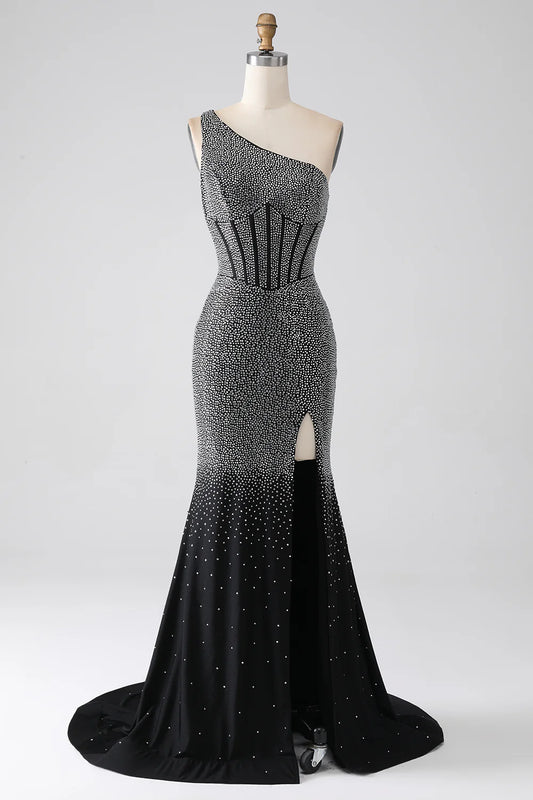 Sparkling and Sexy Black Mermaid One Shoulder Corset Ball Dress