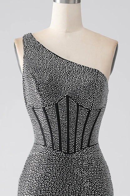 Sparkling and Sexy Black Mermaid One Shoulder Corset Ball Dress