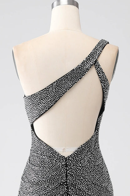 Sparkling and Sexy Black Mermaid One Shoulder Corset Ball Dress