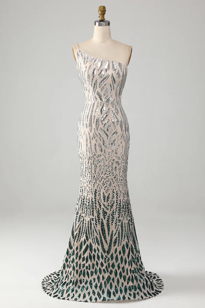 Sparkling and sexy mermaid one shoulder dark green sequin long ball dress