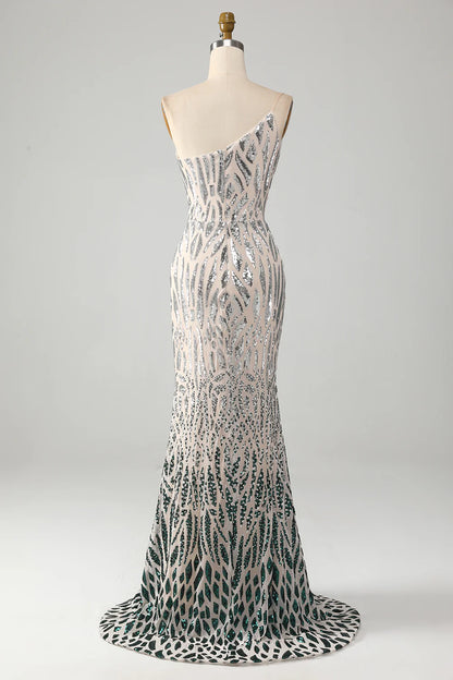 Sparkling and sexy mermaid one shoulder dark green sequin long ball dress