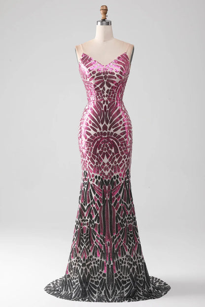 Pink Elegant Shiny Fashion Sequin Mermaid Backless Long Ball Dress