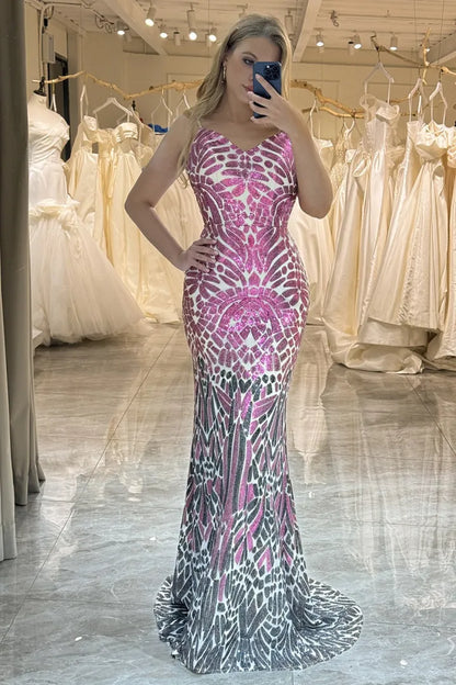 Pink Elegant Shiny Fashion Sequin Mermaid Backless Long Ball Dress