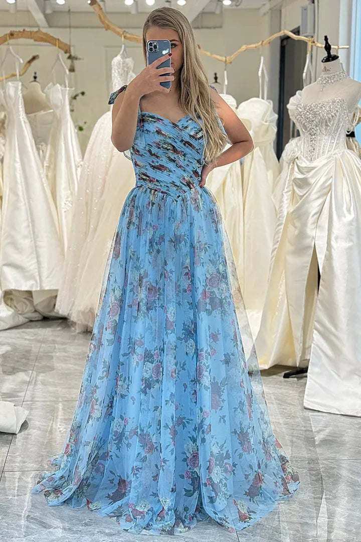 Sweet blue A-line lace up zipper back sheer long ball dress
