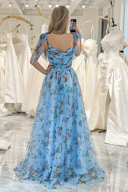 Sweet blue A-line lace up zipper back sheer long ball dress