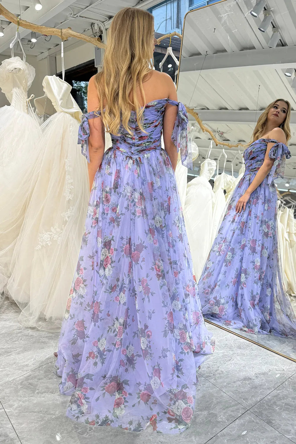Sweet blue A-line lace up zipper back sheer long ball dress
