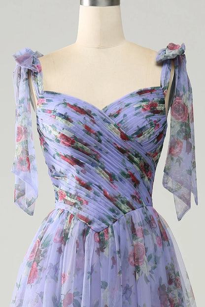 A-line Sweet Lavender Print Adjustable Strap Long Ball Dress