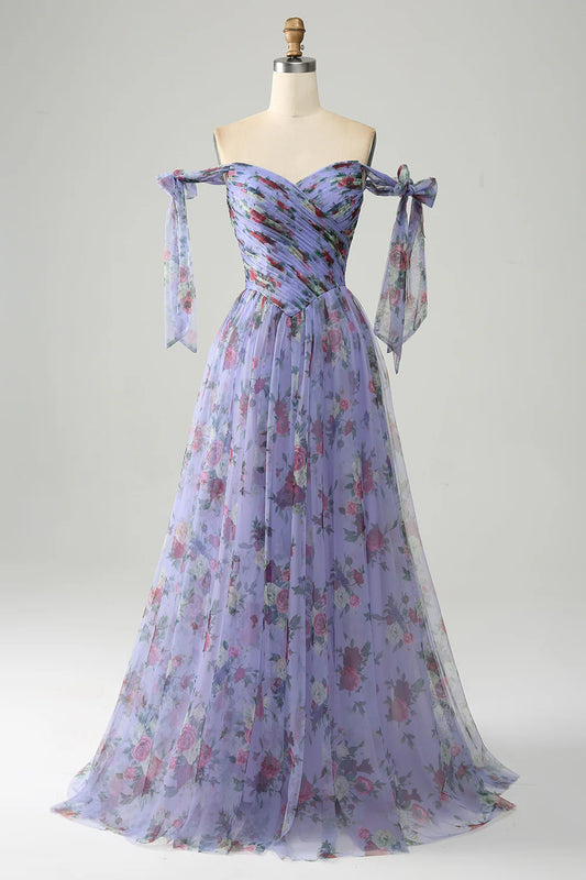 A-line Sweet Lavender Print Adjustable Strap Long Ball Dress