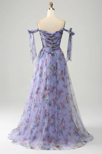 A-line Sweet Lavender Print Adjustable Strap Long Ball Dress