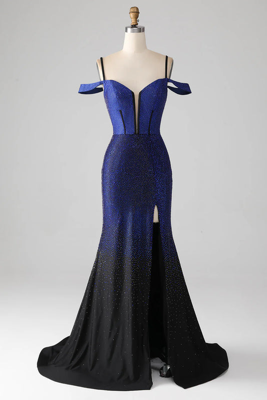 Sparkling and Beautiful Navy Blue Mermaid Long Tight Corset Split Ball Dress