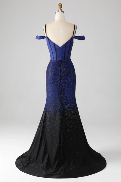 Sparkling and Beautiful Navy Blue Mermaid Long Tight Corset Split Ball Dress