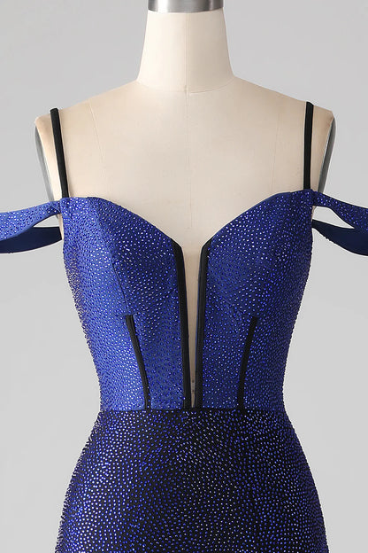 Sparkling and Beautiful Navy Blue Mermaid Long Tight Corset Split Ball Dress