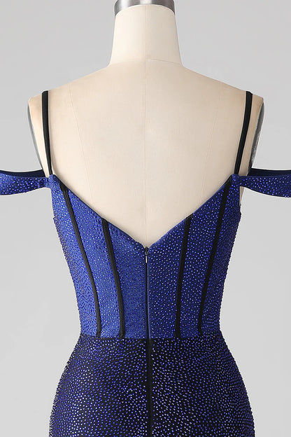 Sparkling and Beautiful Navy Blue Mermaid Long Tight Corset Split Ball Dress