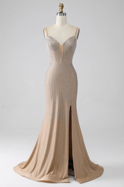Sparkling Slim Fit Champagne Mermaid Italian Noodle Strap Long Ball Dress