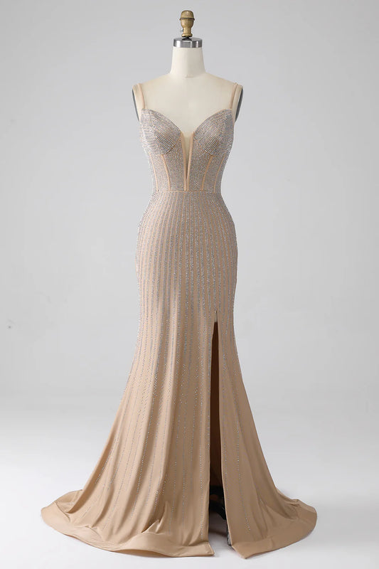 Sparkling Slim Fit Champagne Mermaid Italian Noodle Strap Long Ball Dress
