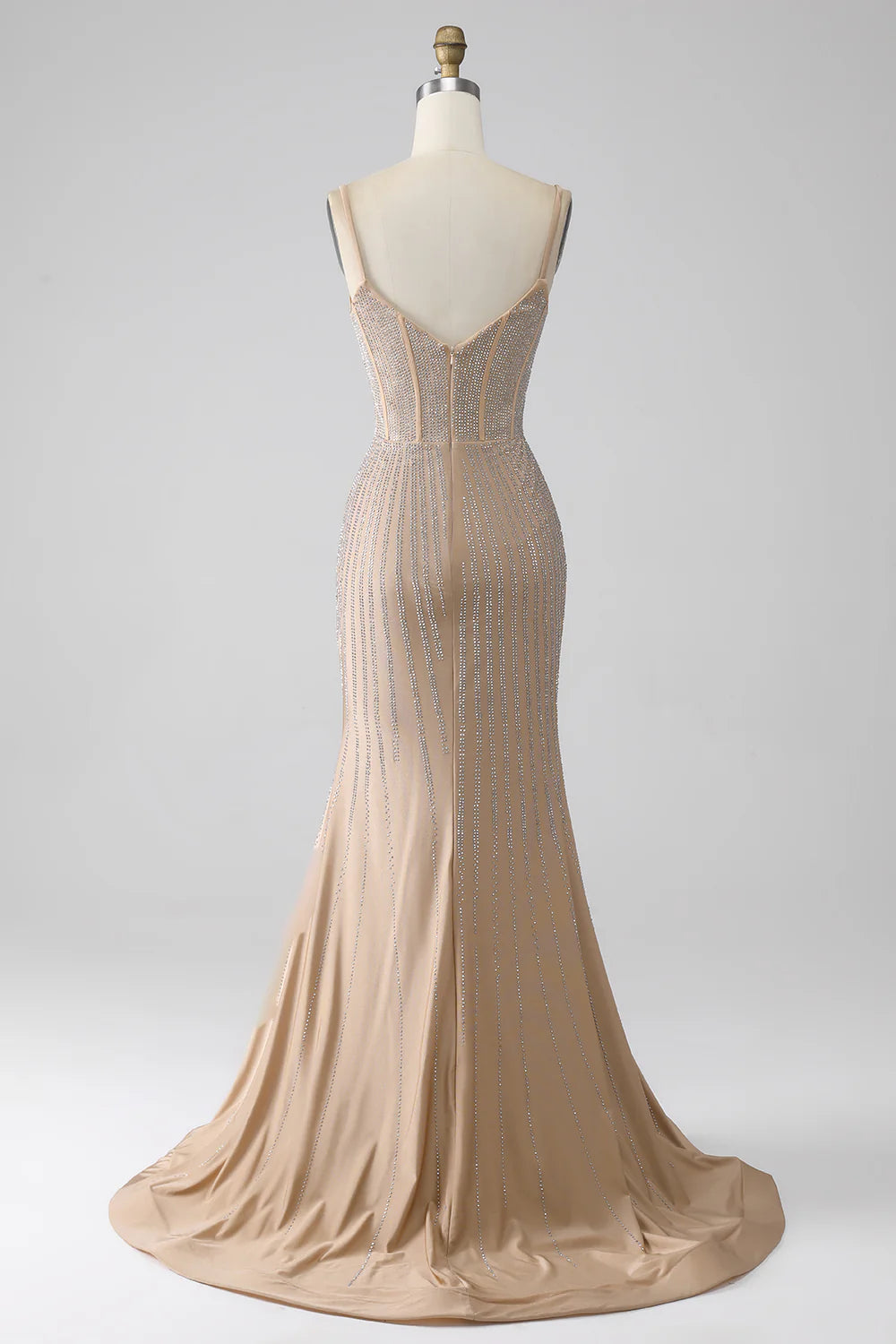 Sparkling Slim Fit Champagne Mermaid Italian Noodle Strap Long Ball Dress