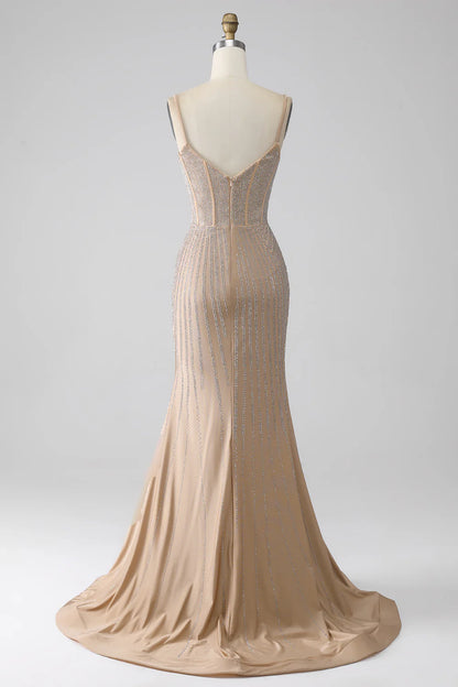Sparkling Slim Fit Champagne Mermaid Italian Noodle Strap Long Ball Dress