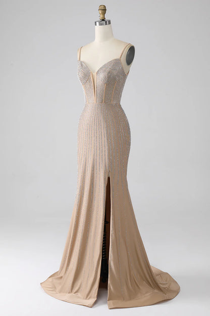 Sparkling Slim Fit Champagne Mermaid Italian Noodle Strap Long Ball Dress