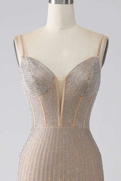 Sparkling Slim Fit Champagne Mermaid Italian Noodle Strap Long Ball Dress
