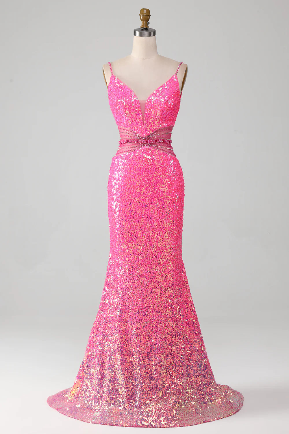Hot Pink Slim Fit Italian Noodle Strap Sparkling Waist Mermaid Ball Dress