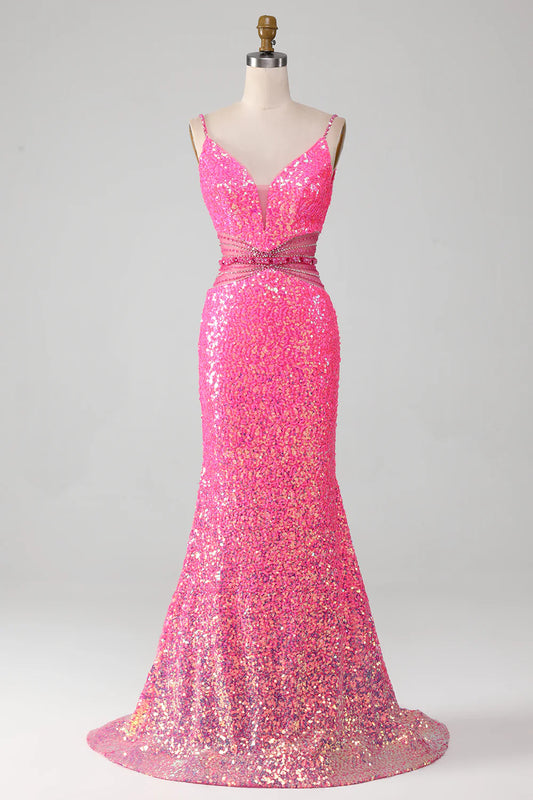Hot Pink Slim Fit Italian Noodle Strap Sparkling Waist Mermaid Ball Dress
