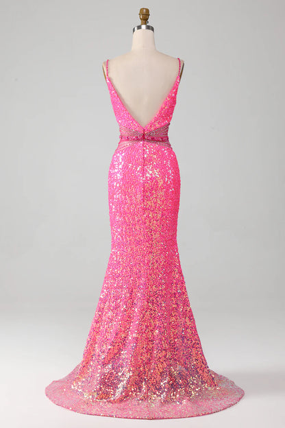 Hot Pink Slim Fit Italian Noodle Strap Sparkling Waist Mermaid Ball Dress