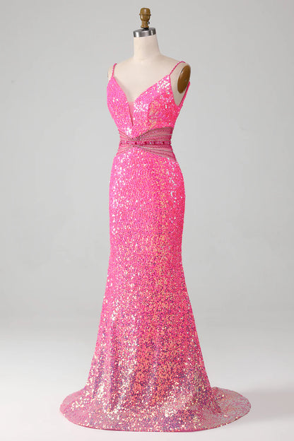 Hot Pink Slim Fit Italian Noodle Strap Sparkling Waist Mermaid Ball Dress